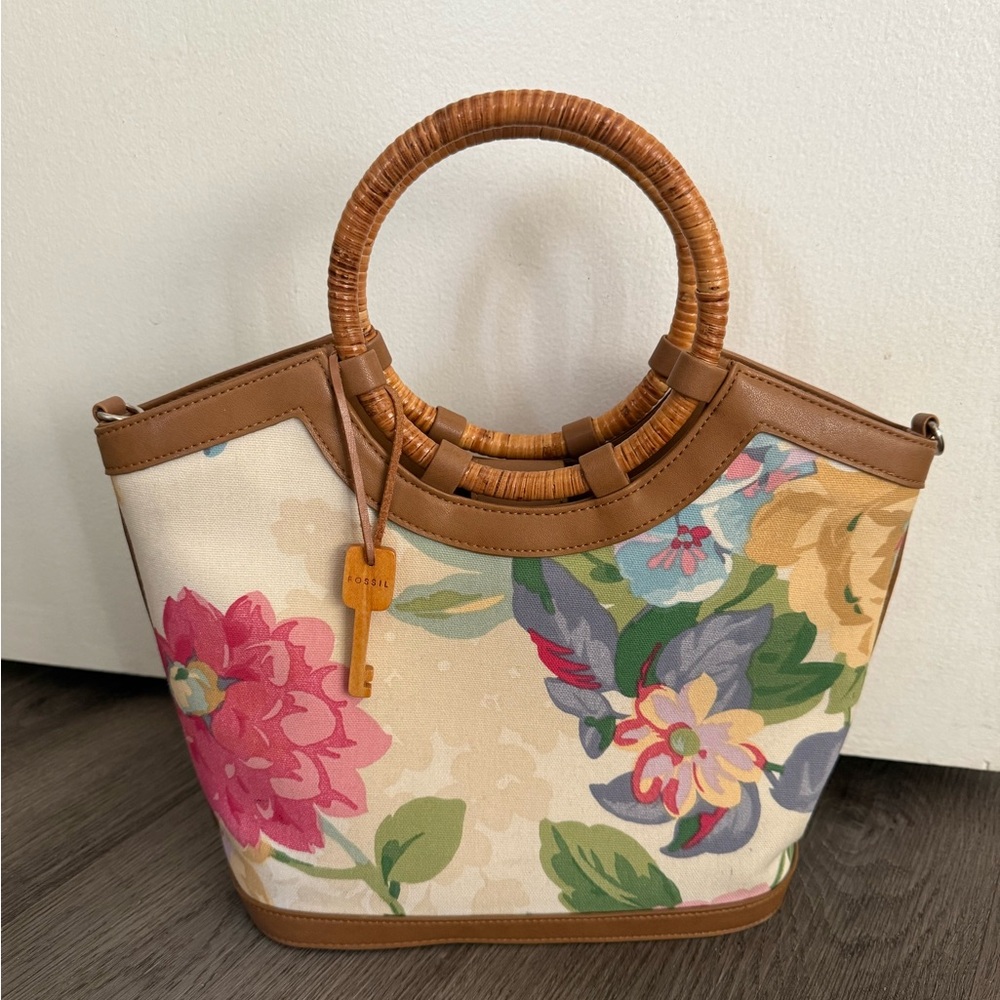 Fossil Floral Canvas Purse with Tan Wood Handles